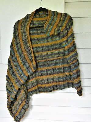 Hand Knitted Moody Midnight Shimmery Purple Copper Chestnut Striped Ruched Shawl Wrap Lap Blanket - image5